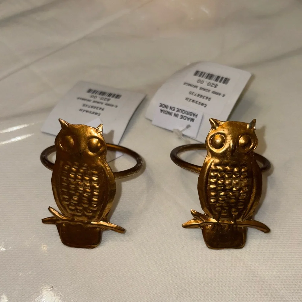 New Anthropologie Terrain Golden Owl Napkin Rings, Set of 2 Harvest Fall
